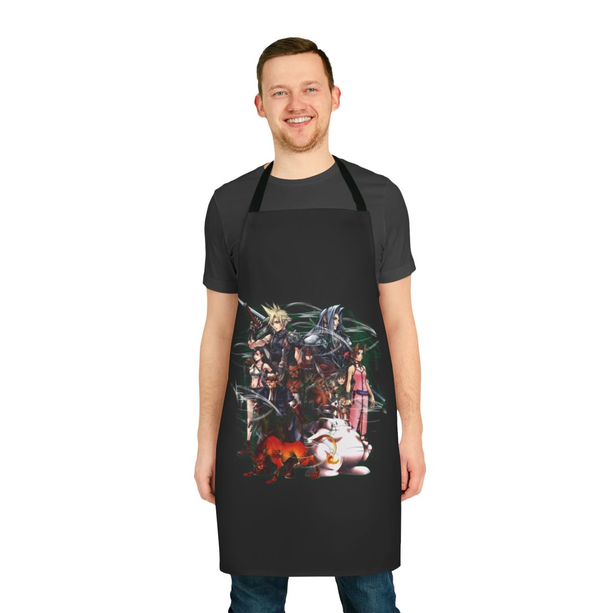 Final Fantasy VII-inspired apron with collage design featuring characters like Cloud and Tifa