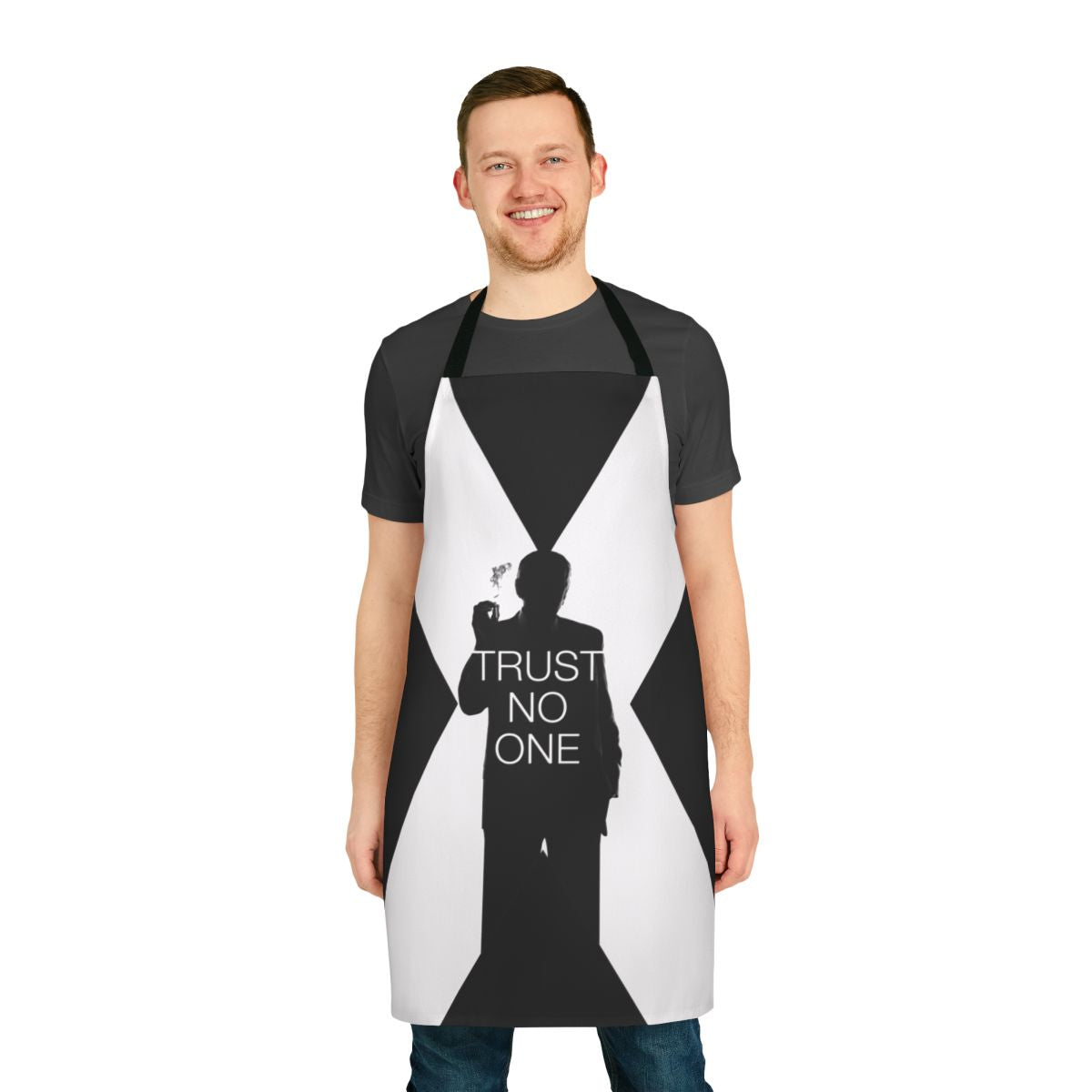 X-Files themed apron with "Trust No One" design
