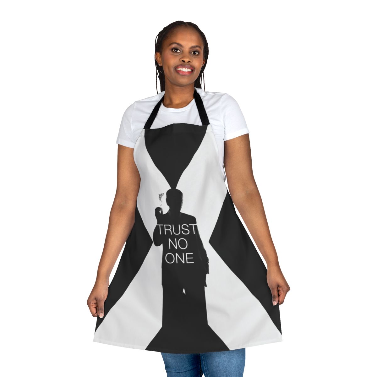X-Files themed apron with "Trust No One" design