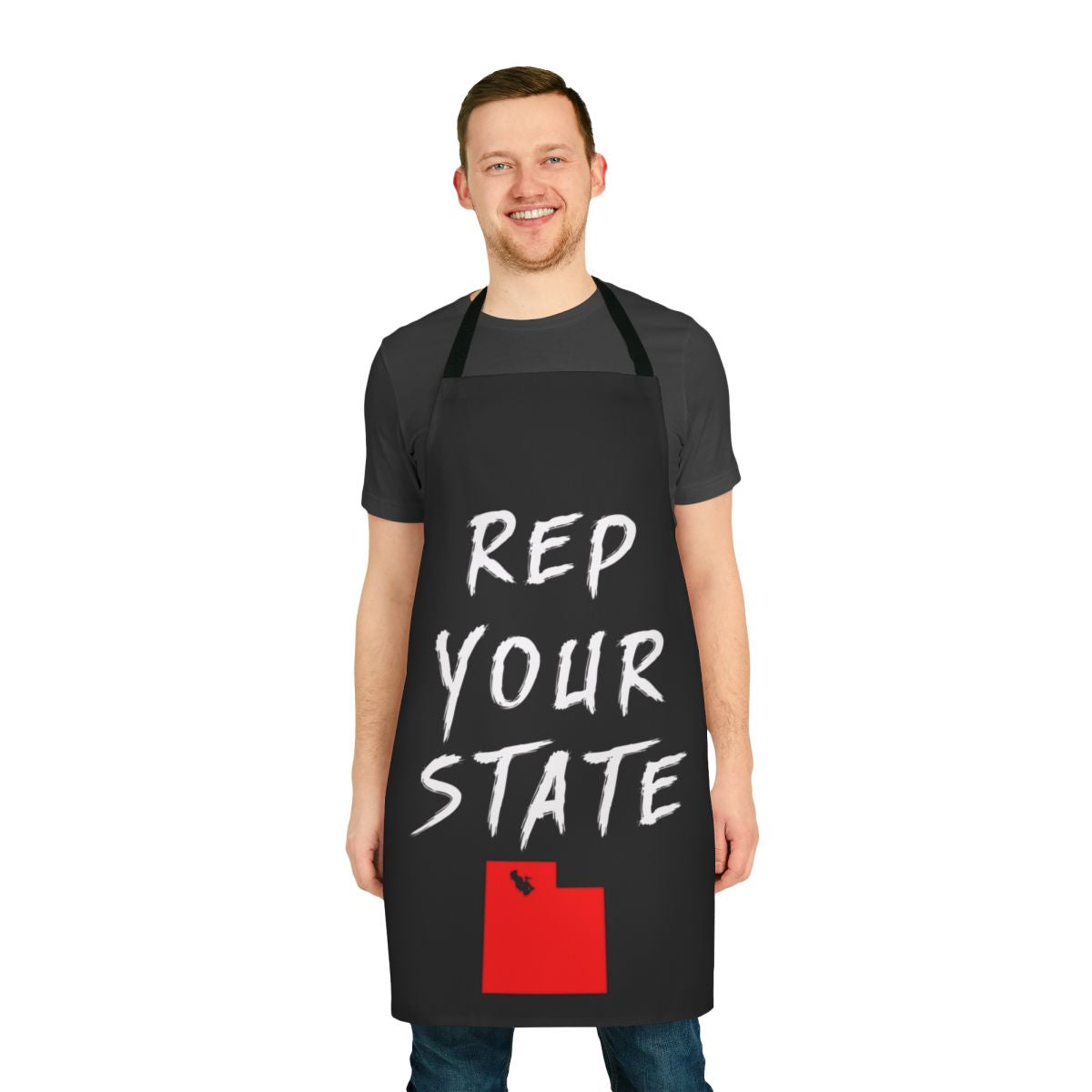 A high-quality kitchen apron featuring the outline of the state of Utah, perfect for cooking, baking, and displaying state pride.