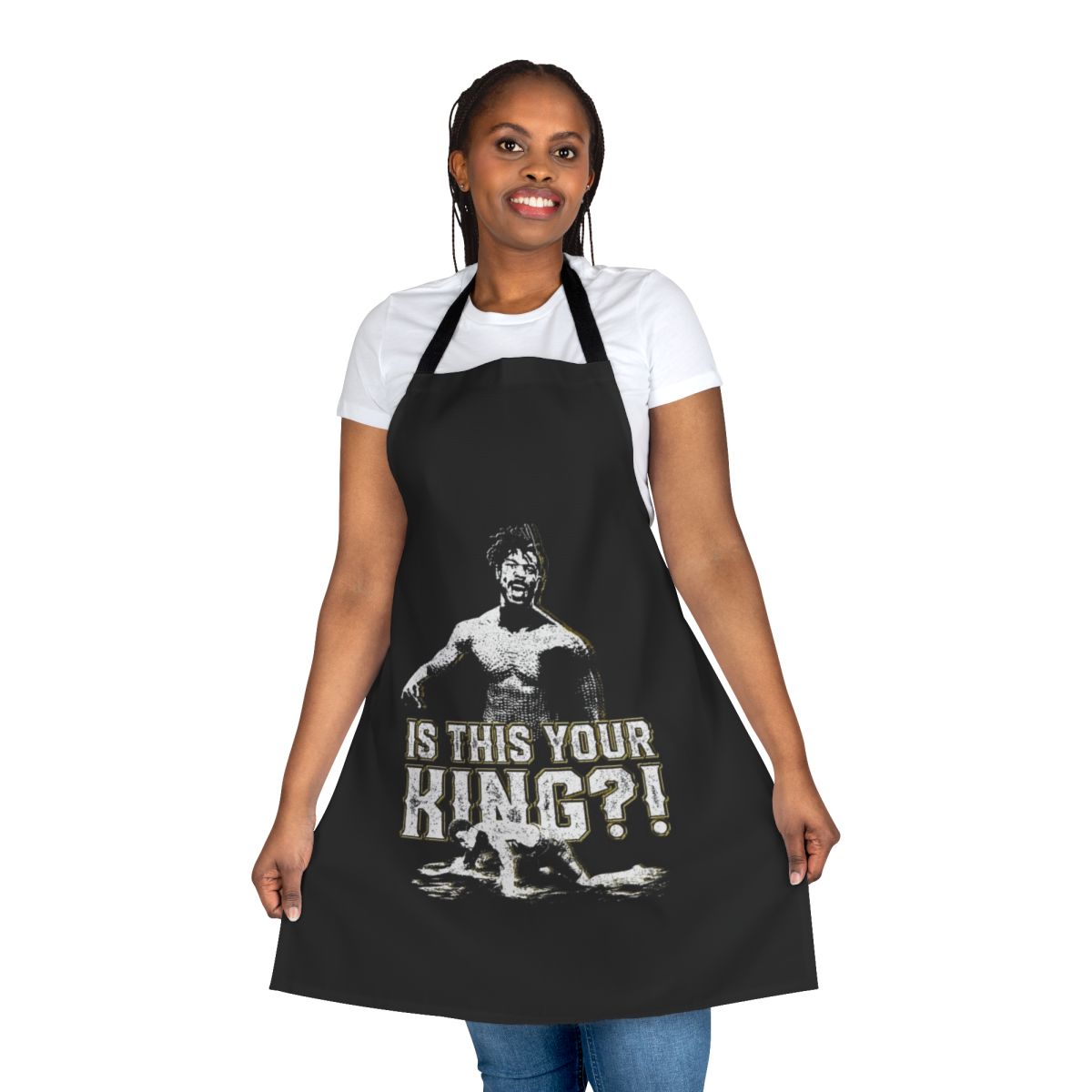 Apron featuring a Wakandan-inspired design and comic book-inspired graphics