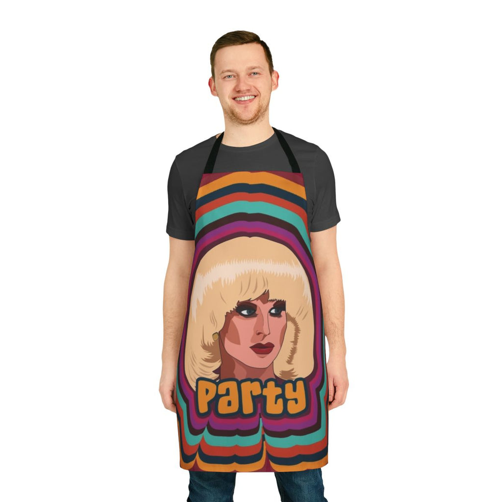 A colorful party apron featuring the designs and styles of popular RuPaul's Drag Race contestants