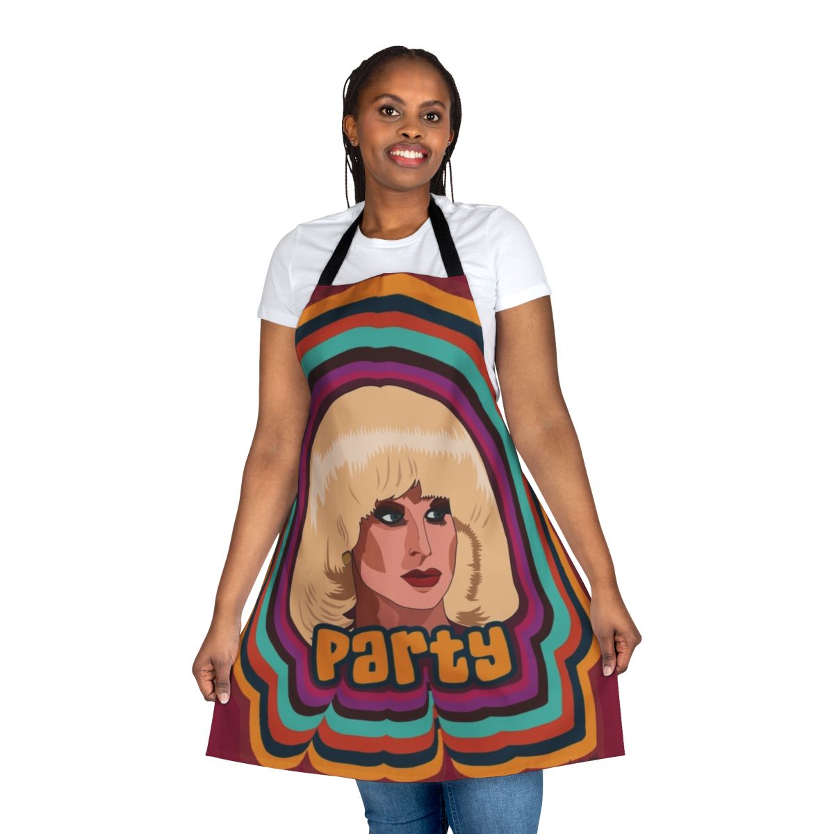 A colorful party apron featuring the designs and styles of popular RuPaul's Drag Race contestants