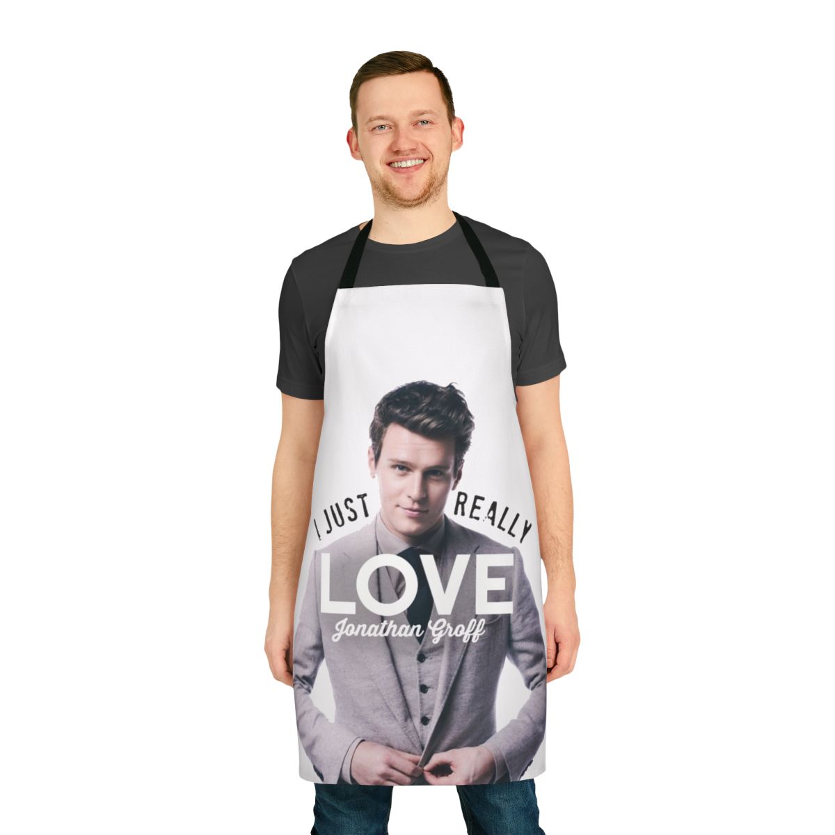 Custom apron featuring Jonathan Groff, the acclaimed actor and singer known for his roles in Hamilton, Spring Awakening, and more.