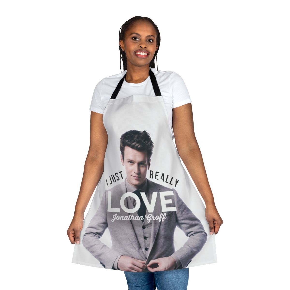 Custom apron featuring Jonathan Groff, the acclaimed actor and singer known for his roles in Hamilton, Spring Awakening, and more.