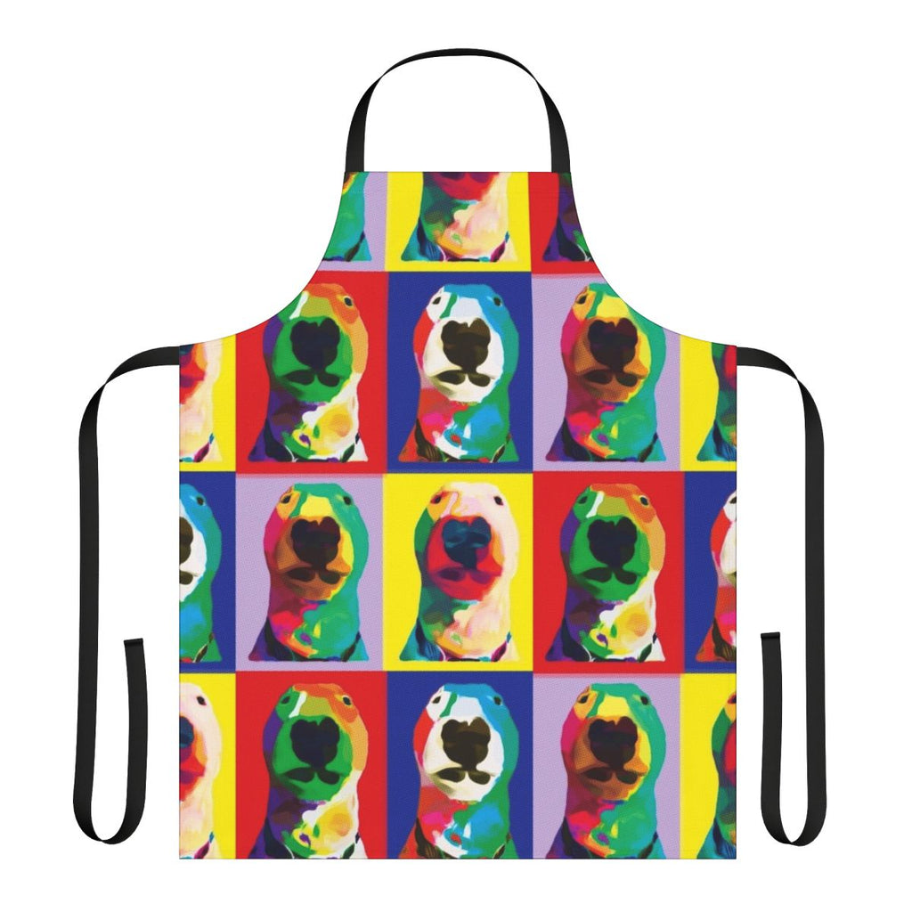 Colorful pop art-inspired apron featuring the image of Nelson the bull terrier dog