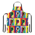 Colorful pop art-inspired apron featuring the image of Nelson the bull terrier dog