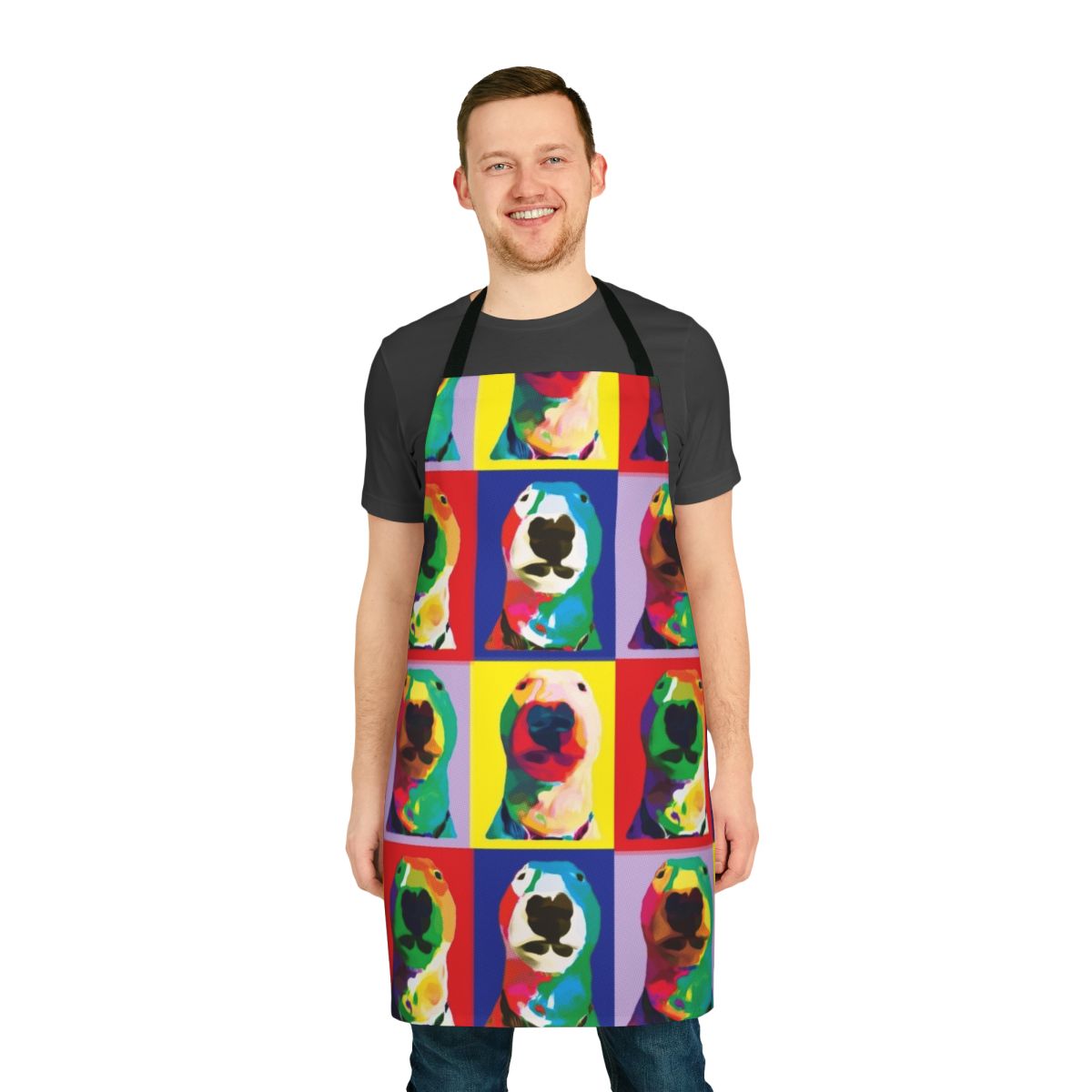 Colorful pop art-inspired apron featuring the image of Nelson the bull terrier dog