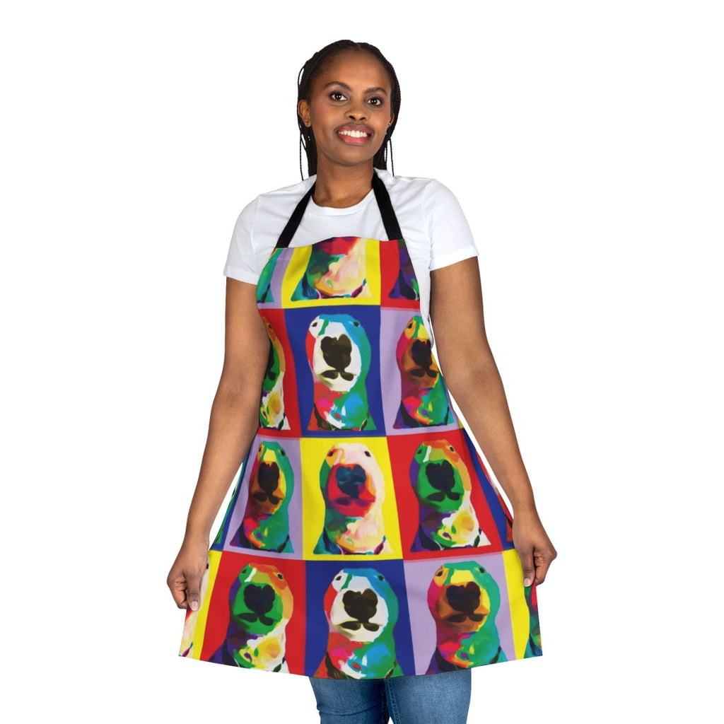 Colorful pop art-inspired apron featuring the image of Nelson the bull terrier dog