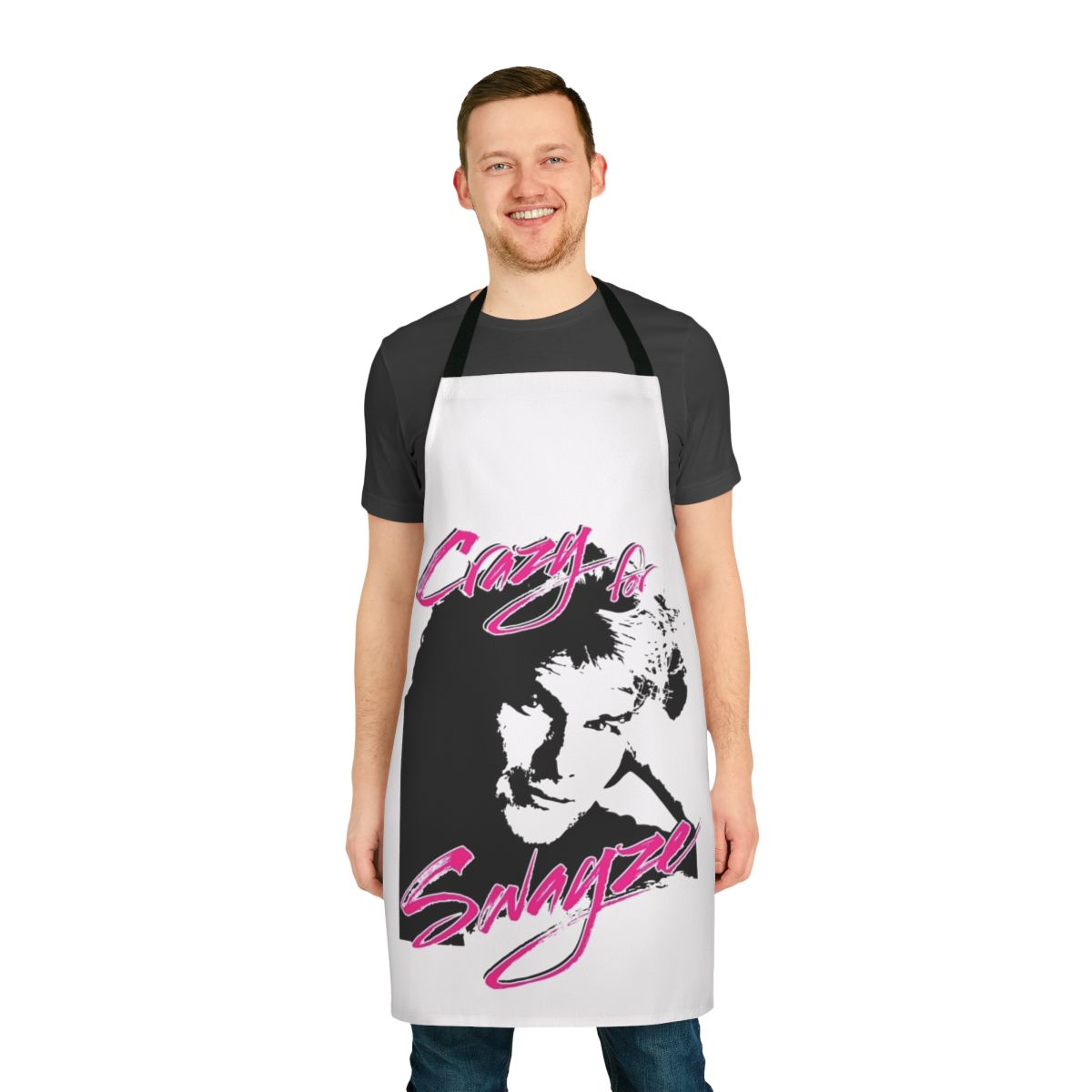 A stylish apron featuring the image of Patrick Swayze, the beloved actor from Dirty Dancing and Roadhouse.