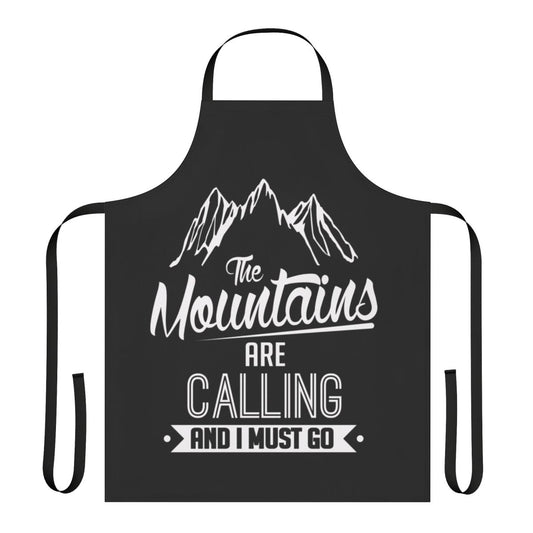 A stylish apron featuring the quote "The Mountains Are Calling And I Must Go" - perfect for skiing enthusiasts