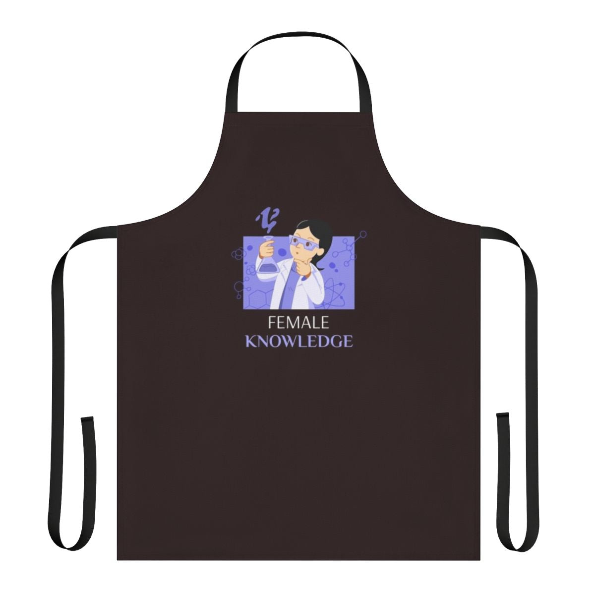 Woman wearing a black apron with a science-themed design, including a black cat, symbols, and the text "Female Knowledge Fun Science Apron".