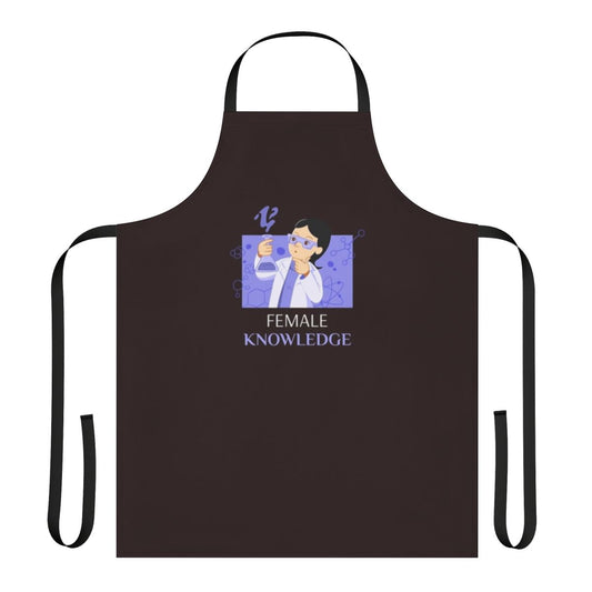 Woman wearing a black apron with a science-themed design, including a black cat, symbols, and the text "Female Knowledge Fun Science Apron".