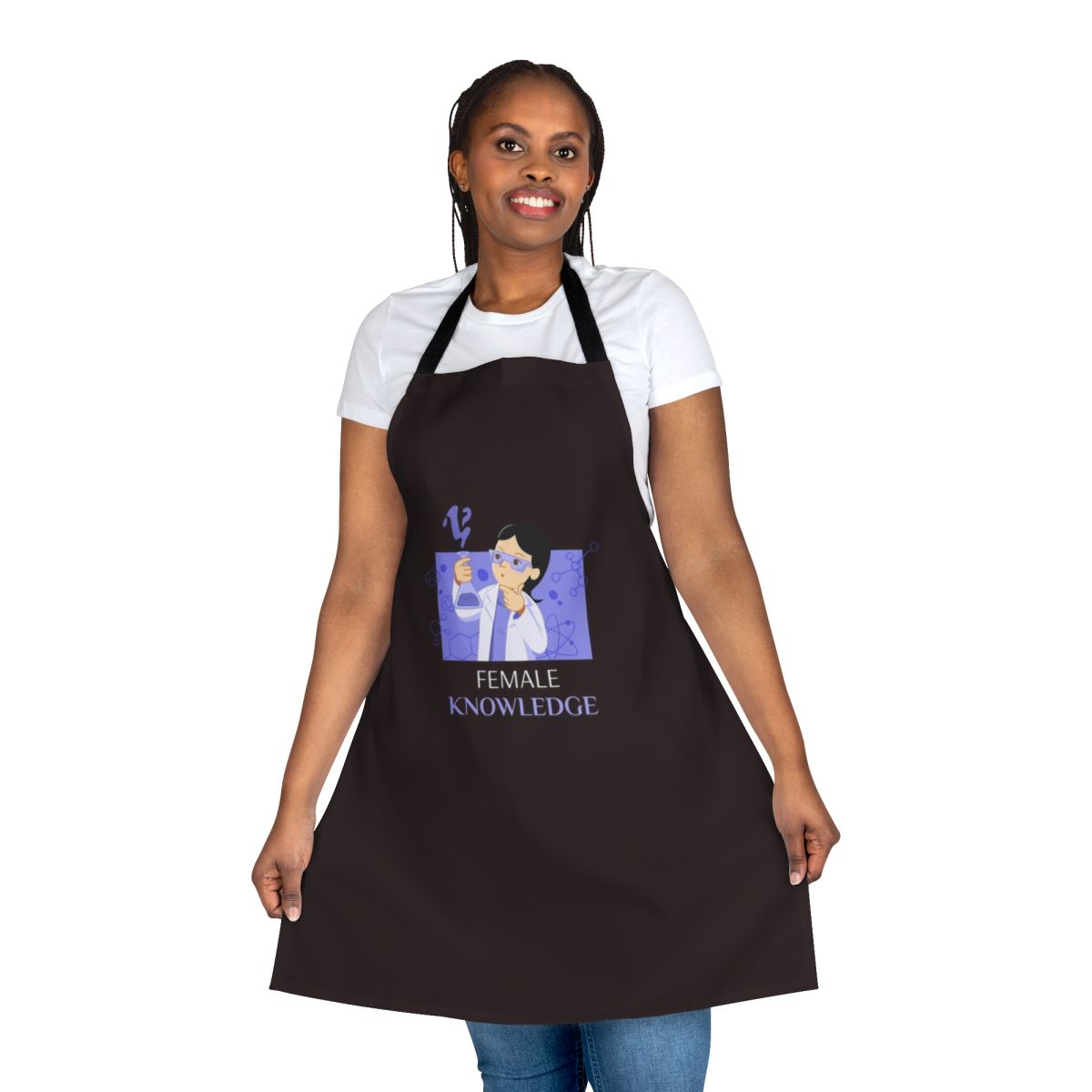 Woman wearing a black apron with a science-themed design, including a black cat, symbols, and the text "Female Knowledge Fun Science Apron".