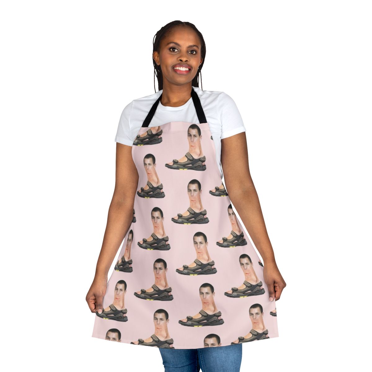 Adam Sandler-themed apron with sandal and foot design