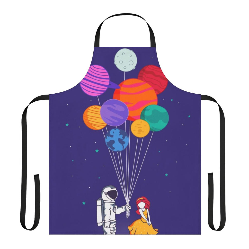 A colorful apron featuring an astronaut couple floating among the stars and planets of the solar system