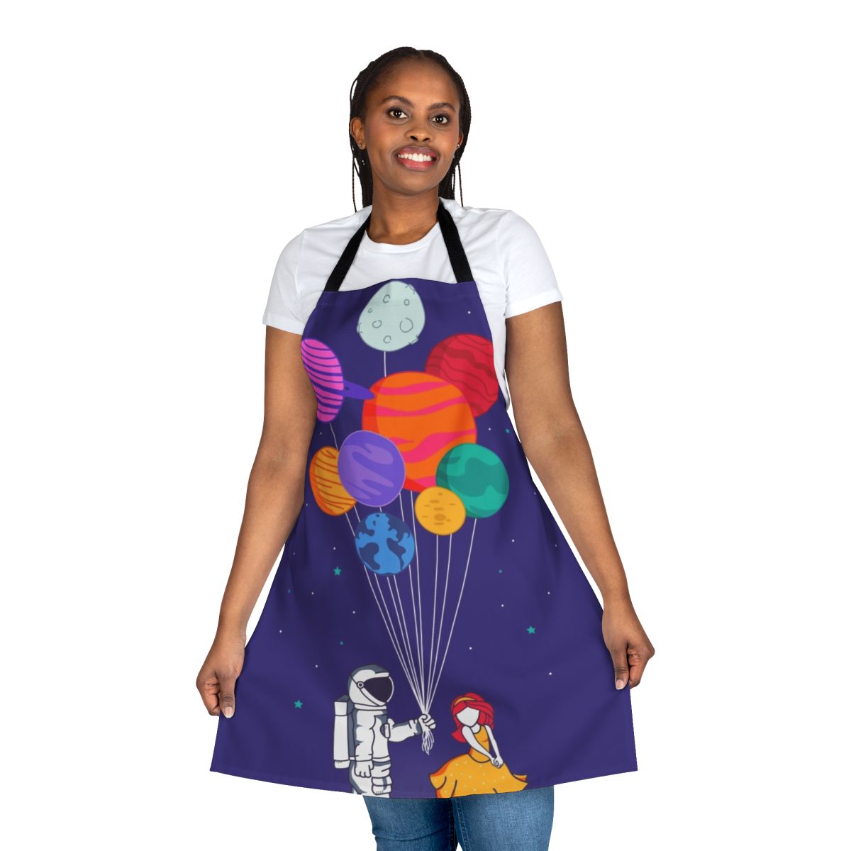 A colorful apron featuring an astronaut couple floating among the stars and planets of the solar system