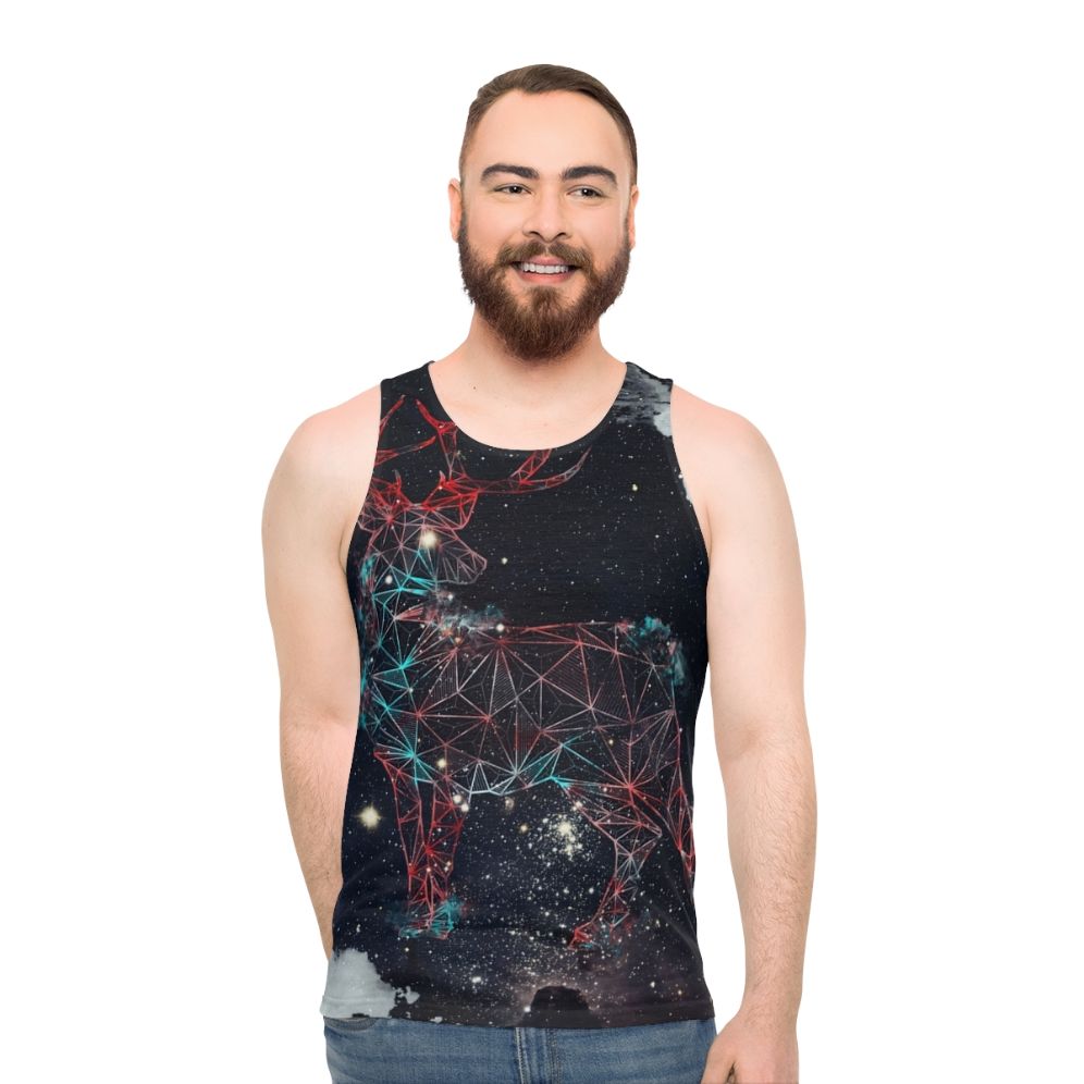 Celestial deer unisex tank top with nature and galaxy graphics