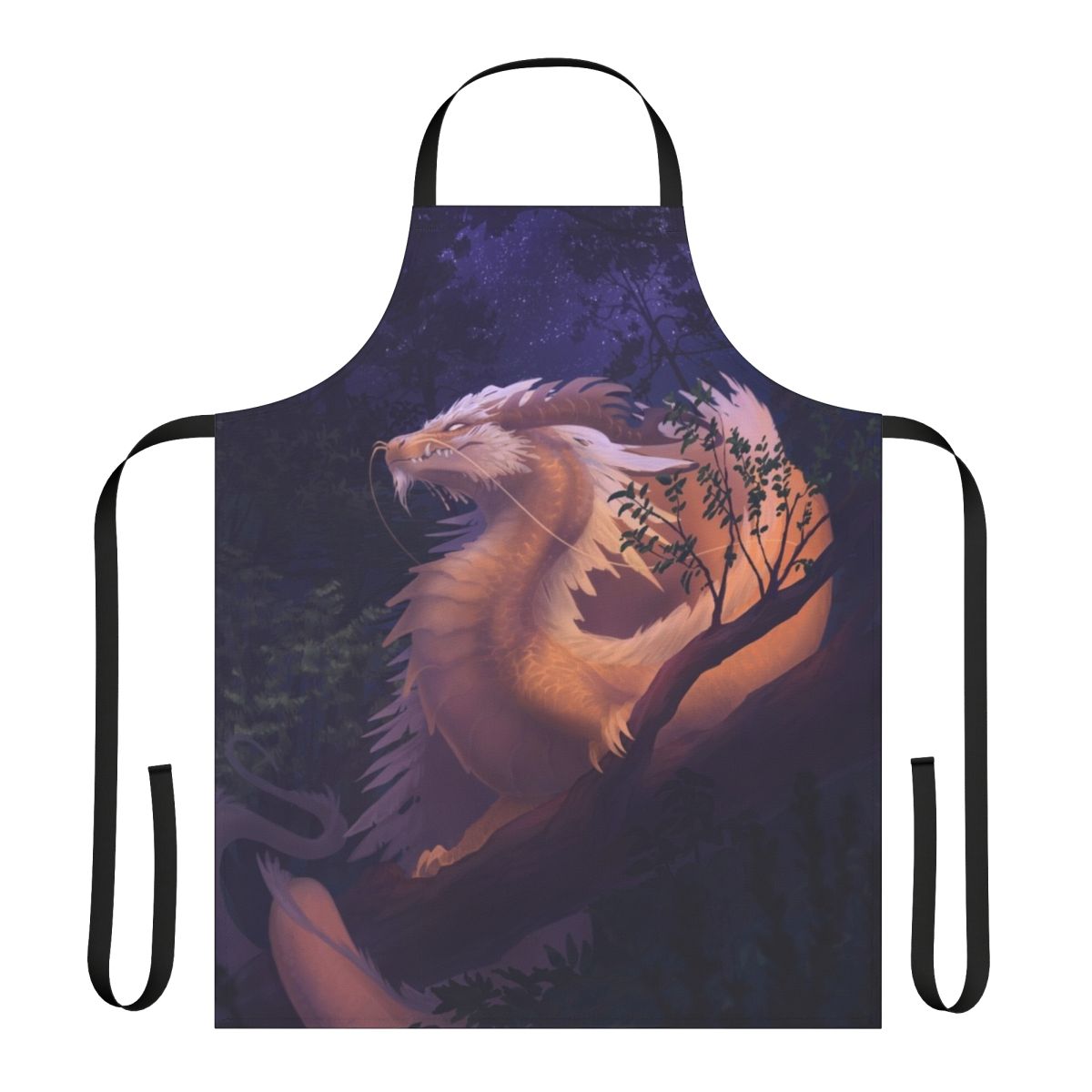 A vibrant purple and gold apron featuring a majestic dragon design against a starry night sky background.