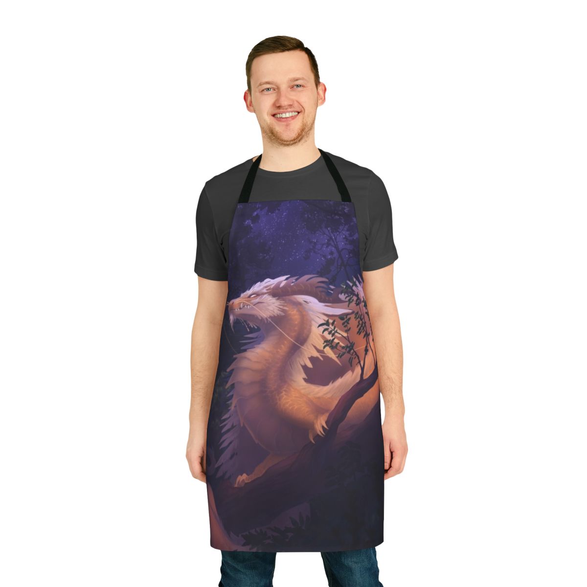 A vibrant purple and gold apron featuring a majestic dragon design against a starry night sky background.