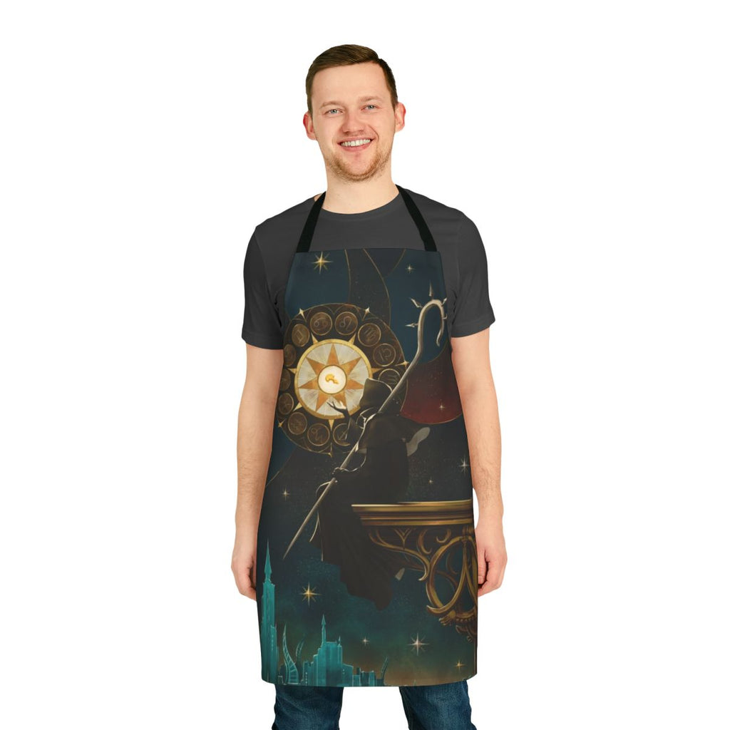 A stylish apron featuring imagery and symbols inspired by the Azem character from the FFXIV Shadowbringers expansion.