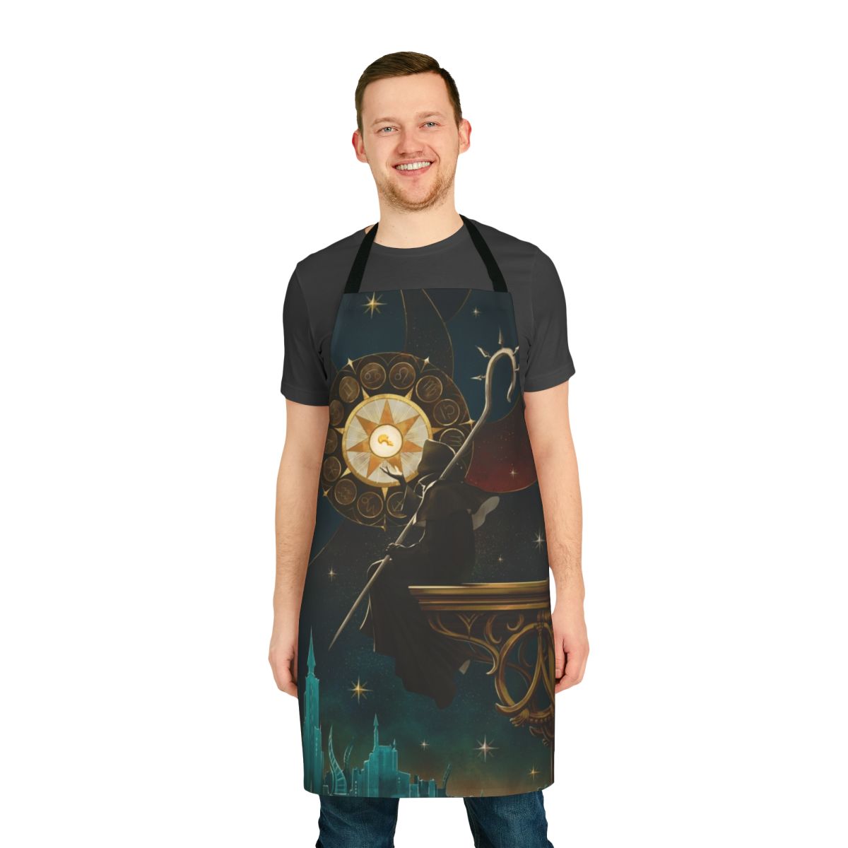 A stylish apron featuring imagery and symbols inspired by the Azem character from the FFXIV Shadowbringers expansion.