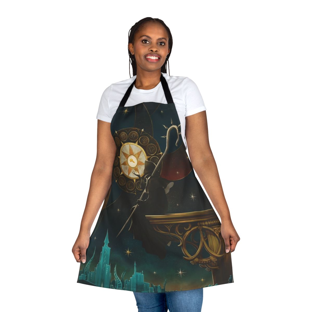 A stylish apron featuring imagery and symbols inspired by the Azem character from the FFXIV Shadowbringers expansion.