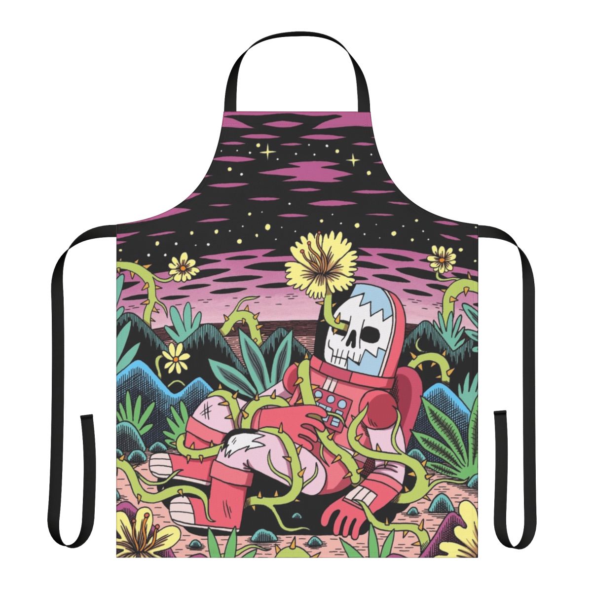 Celestial Flower Apron featuring a vibrant floral design with a sci-fi twist