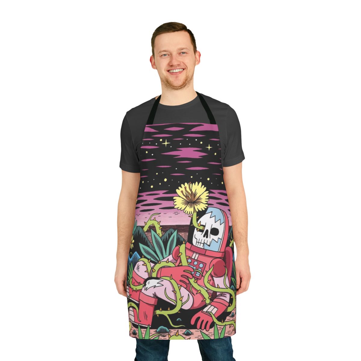Celestial Flower Apron featuring a vibrant floral design with a sci-fi twist