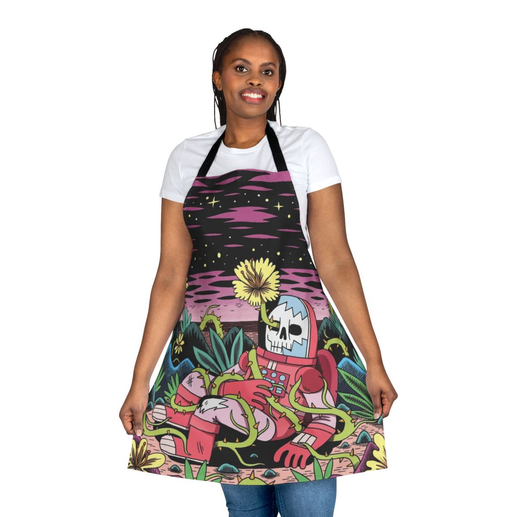 Celestial Flower Apron featuring a vibrant floral design with a sci-fi twist