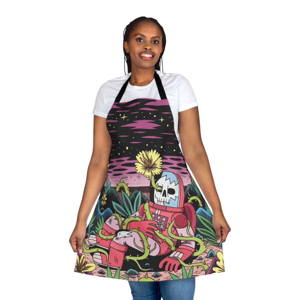 Celestial Flower Apron featuring a vibrant floral design with a sci-fi twist