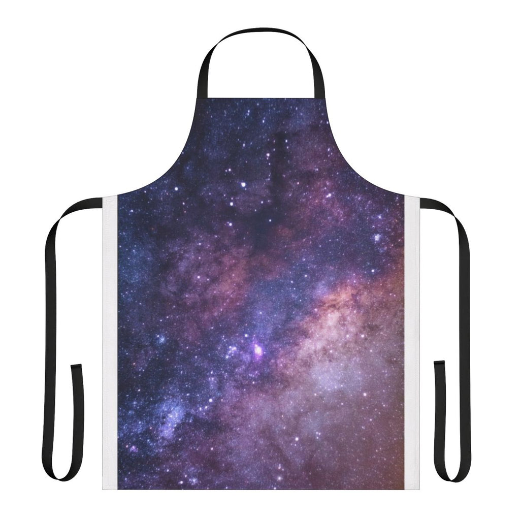 A stylish galaxy print apron with stars and a deep purple color scheme.