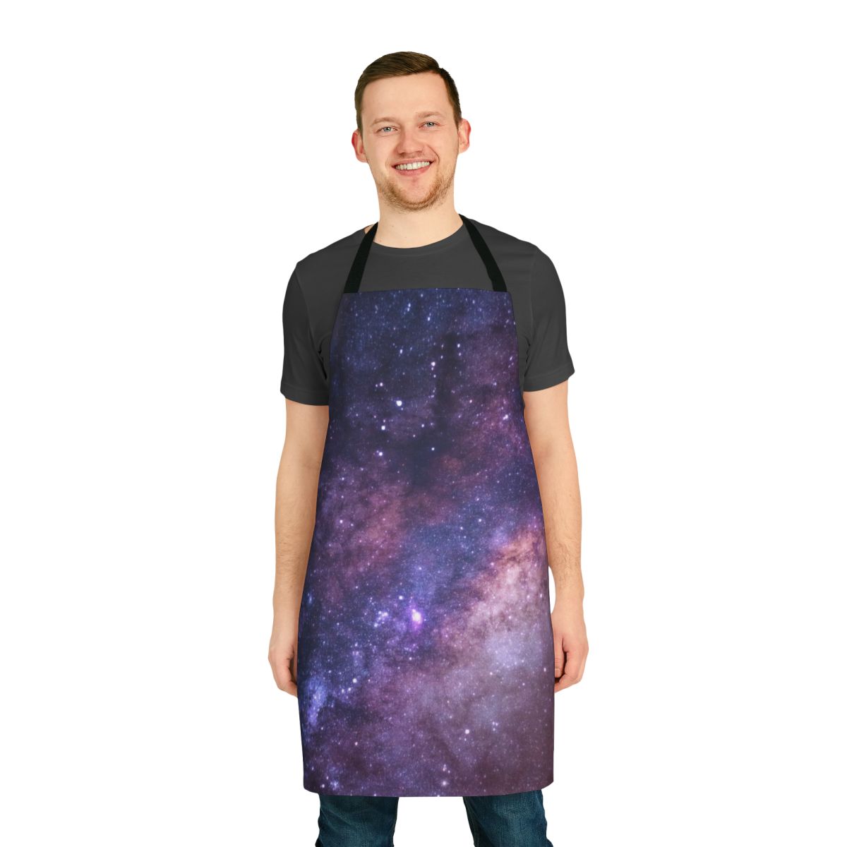 A stylish galaxy print apron with stars and a deep purple color scheme.
