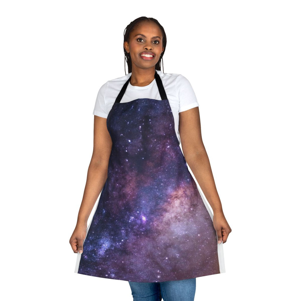 A stylish galaxy print apron with stars and a deep purple color scheme.