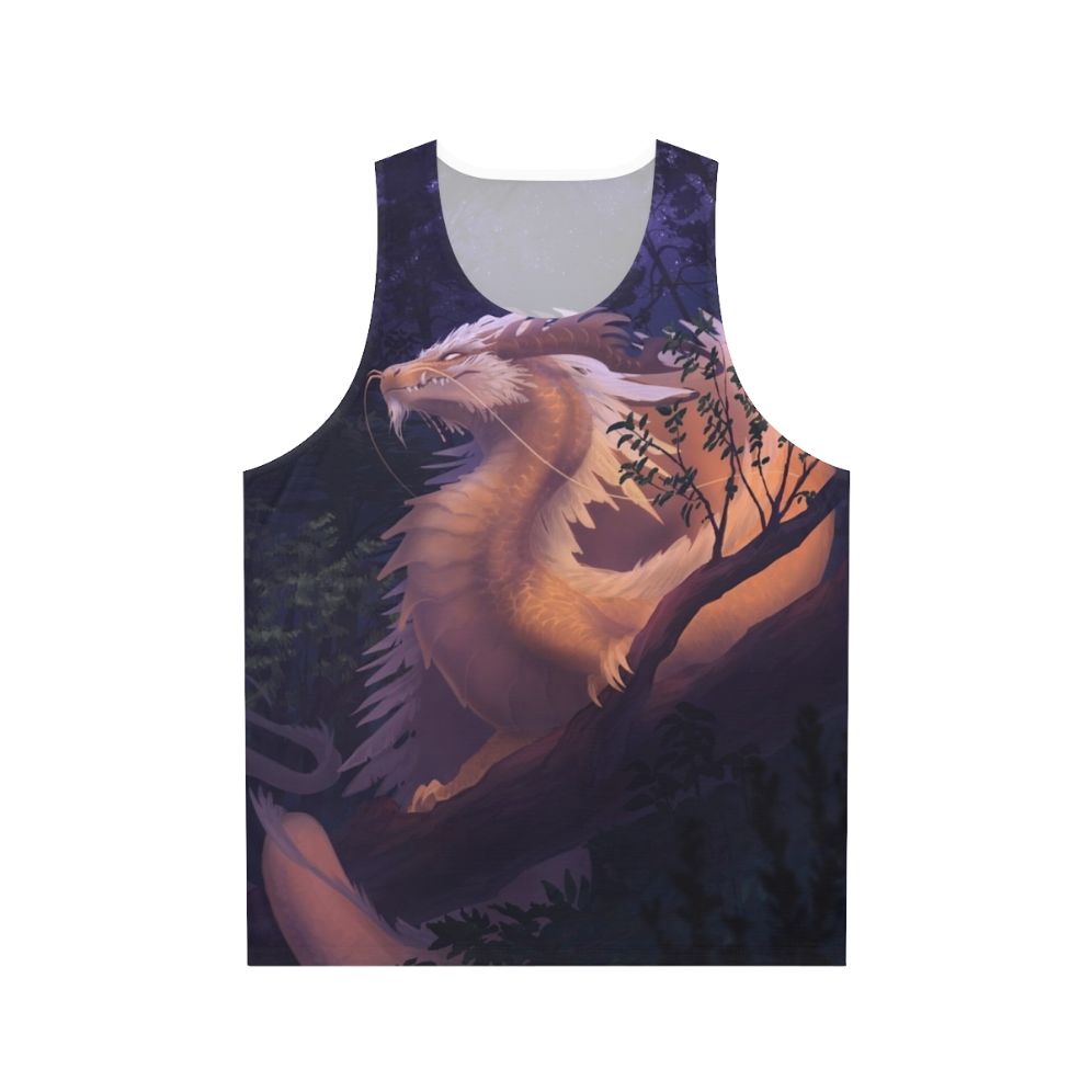 Unisex tank top with a galaxy and stars design in purple and gold
