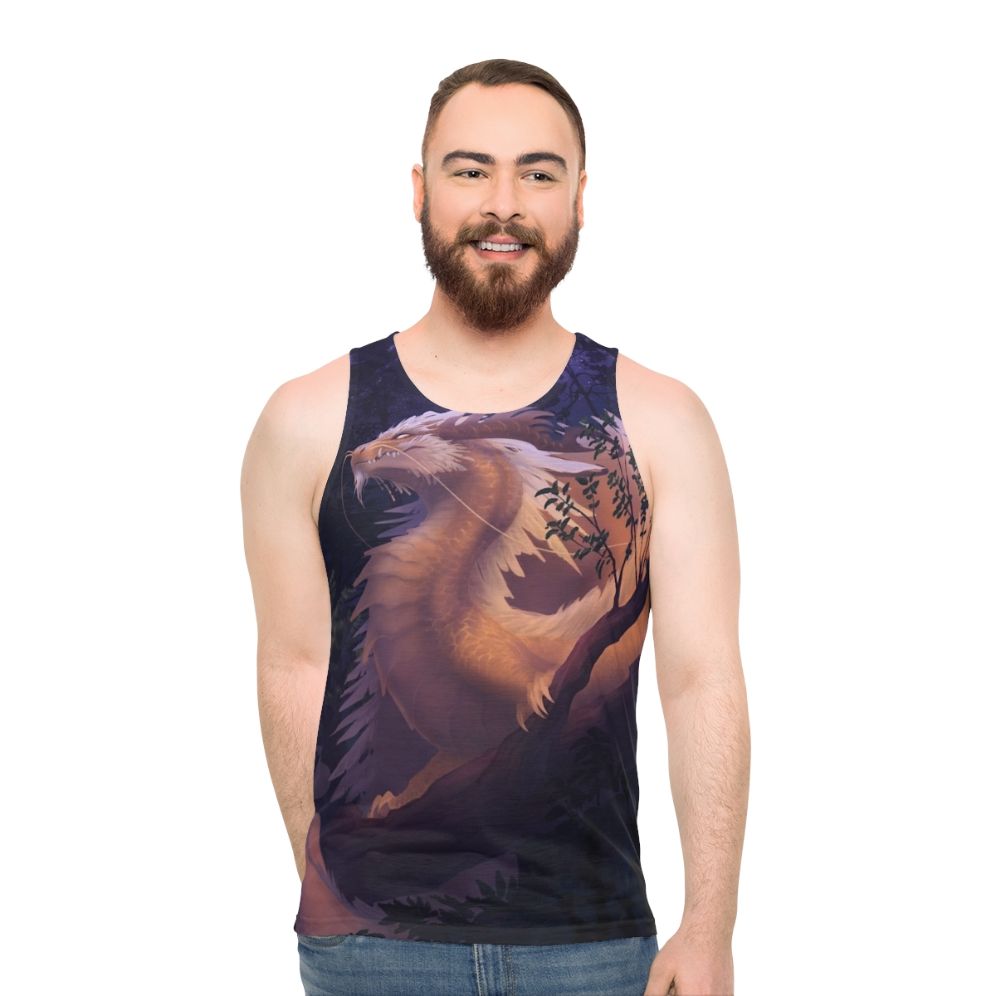 Unisex tank top with a galaxy and stars design in purple and gold