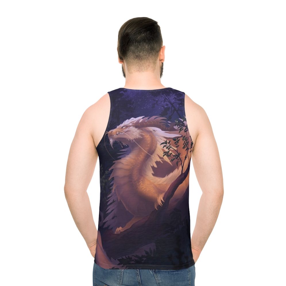 Unisex tank top with a galaxy and stars design in purple and gold