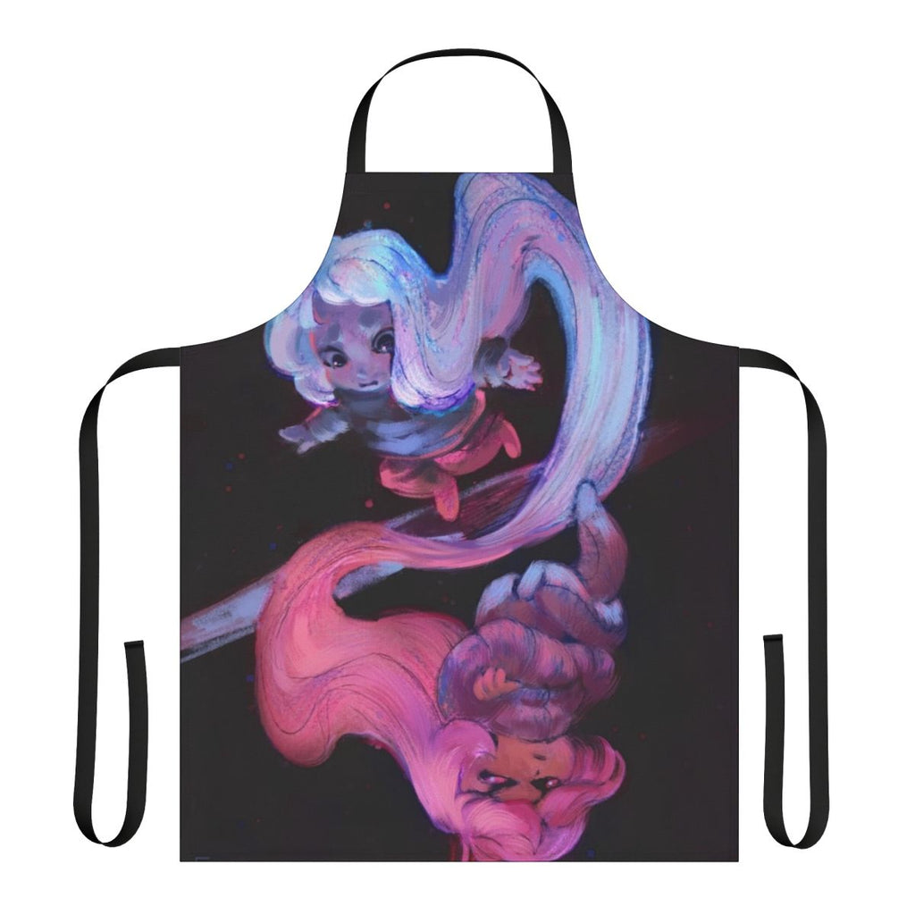 A vibrant blue and pink apron featuring celestial imagery and inspired by the indie game Celeste