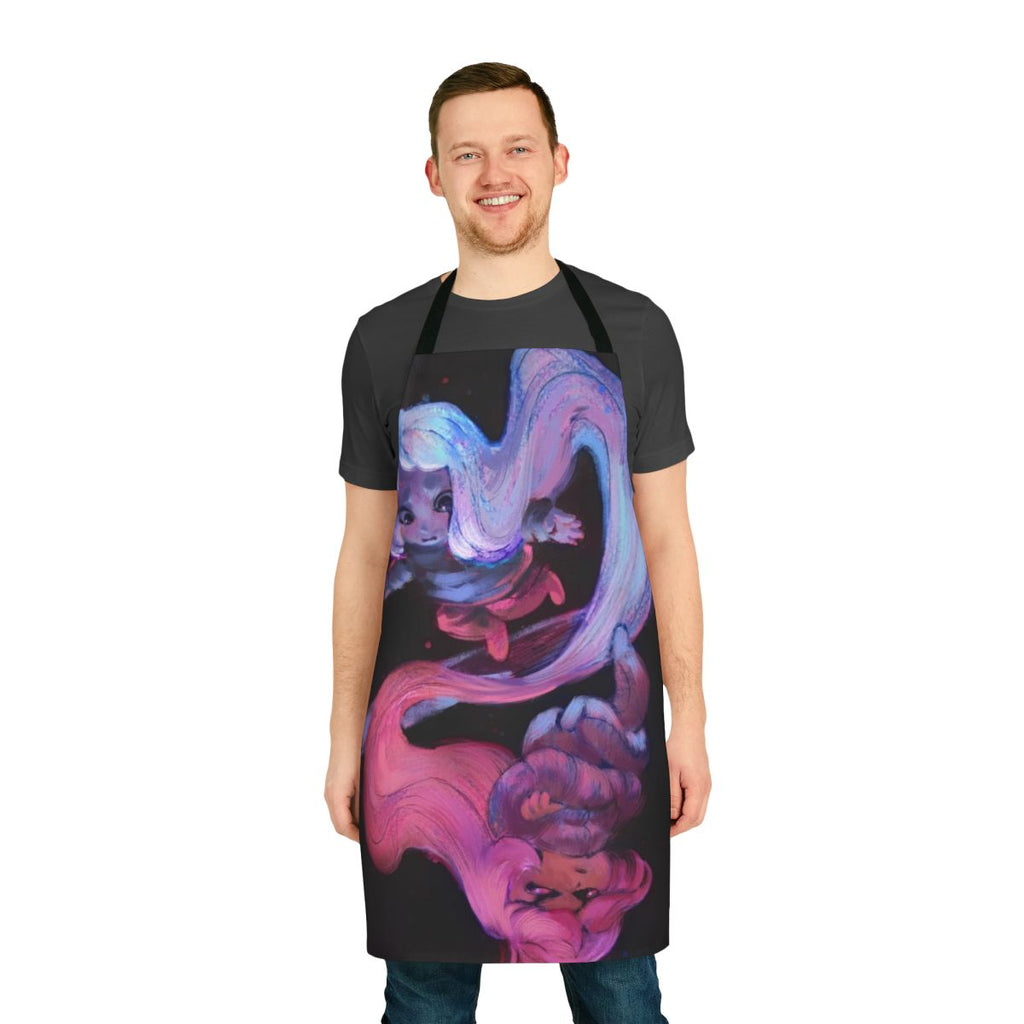 A vibrant blue and pink apron featuring celestial imagery and inspired by the indie game Celeste
