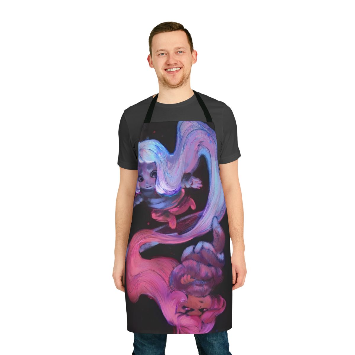 A vibrant blue and pink apron featuring celestial imagery and inspired by the indie game Celeste