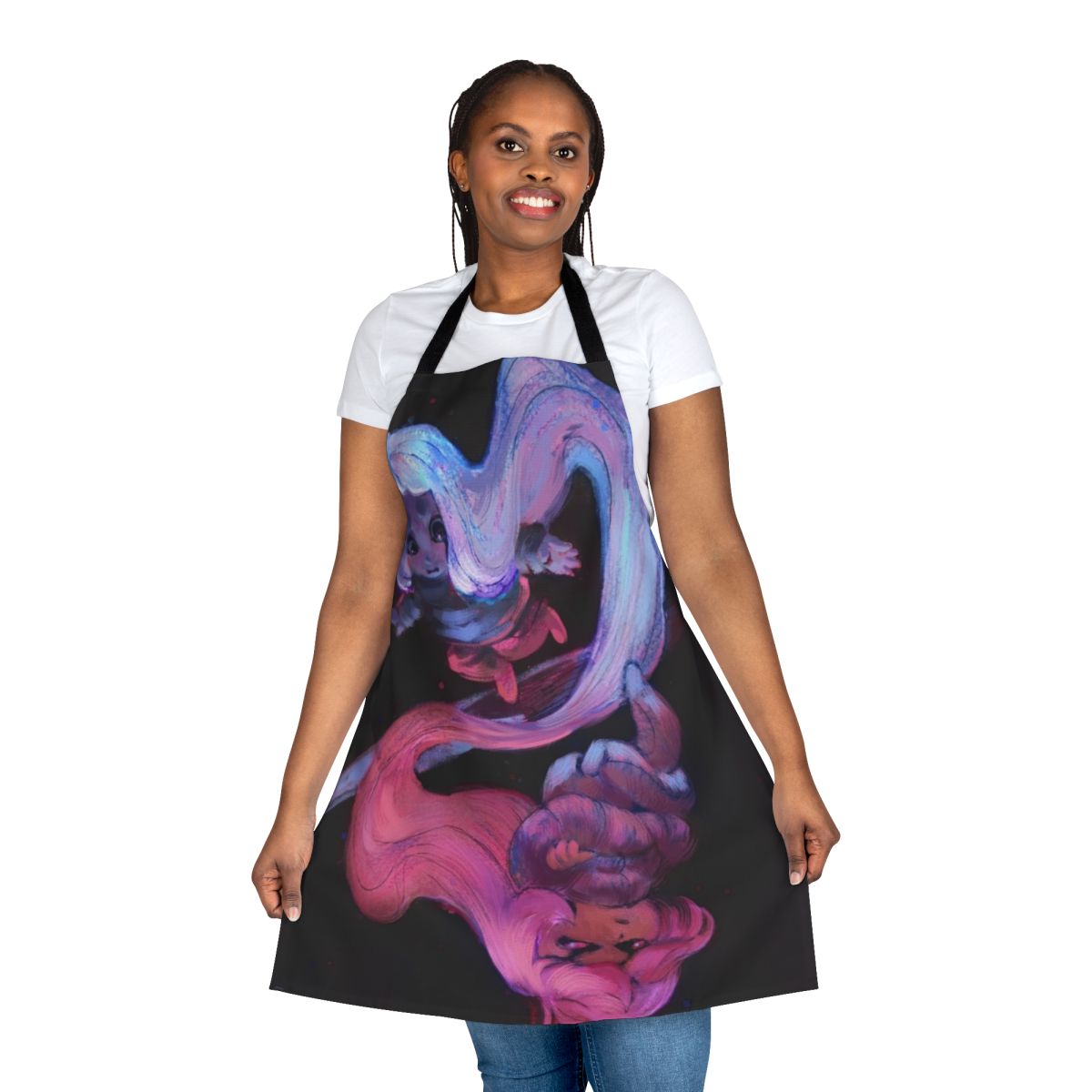 A vibrant blue and pink apron featuring celestial imagery and inspired by the indie game Celeste