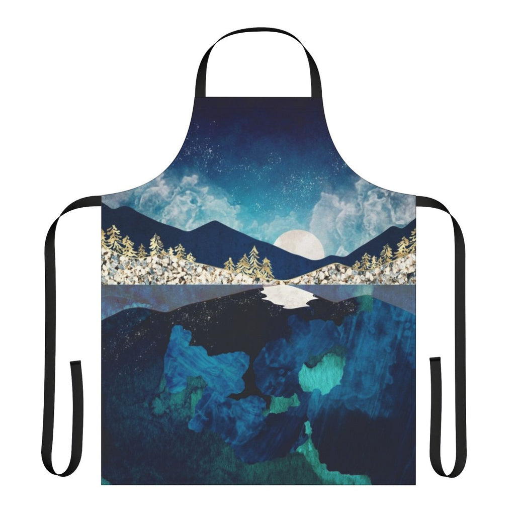 Midnight water, nature reflection, celestial landscape design on an apron