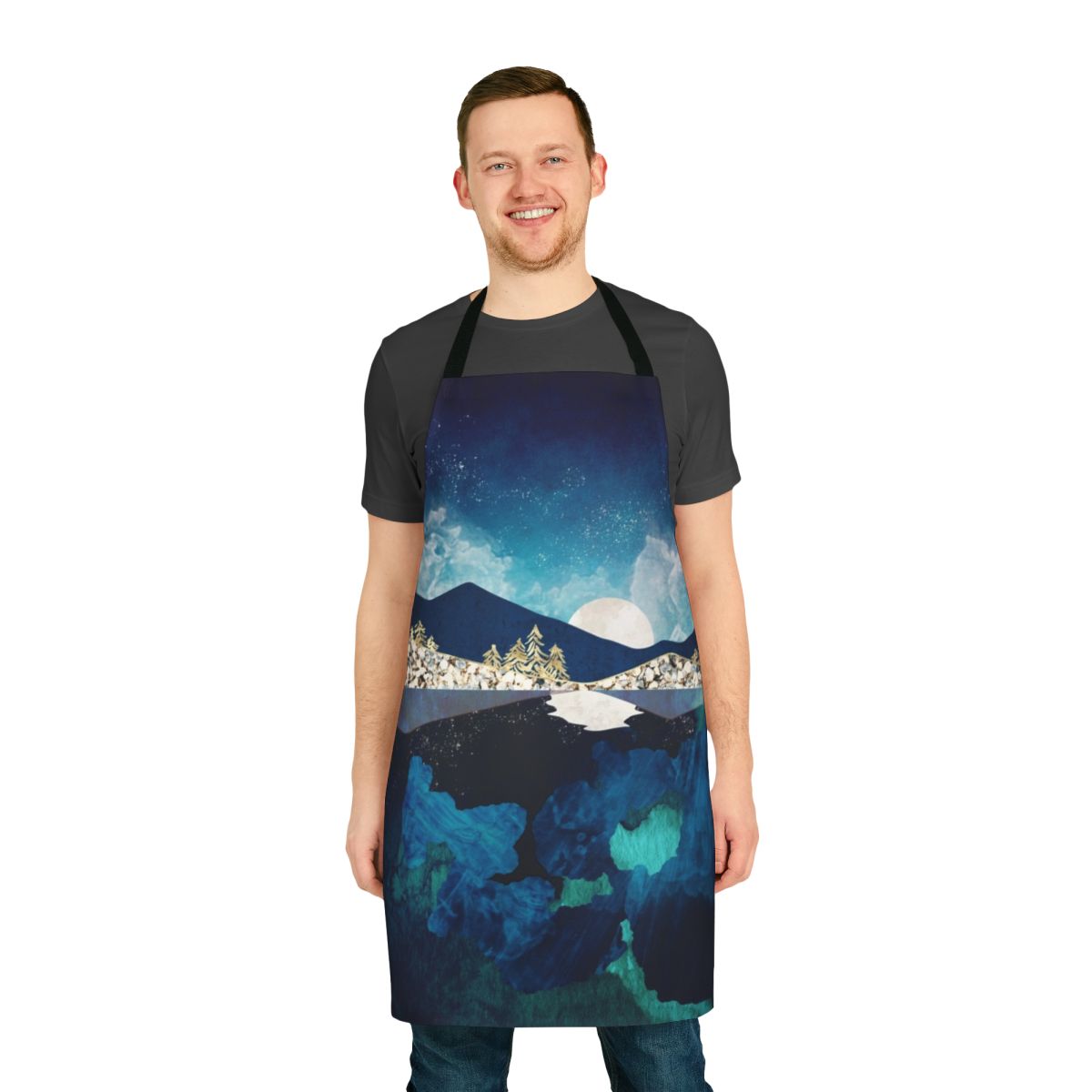 Midnight water, nature reflection, celestial landscape design on an apron