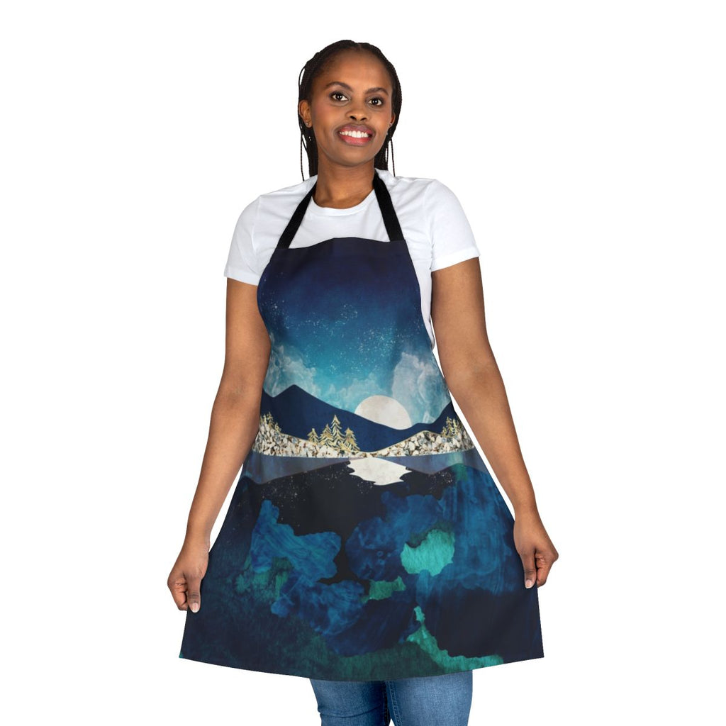 Midnight water, nature reflection, celestial landscape design on an apron