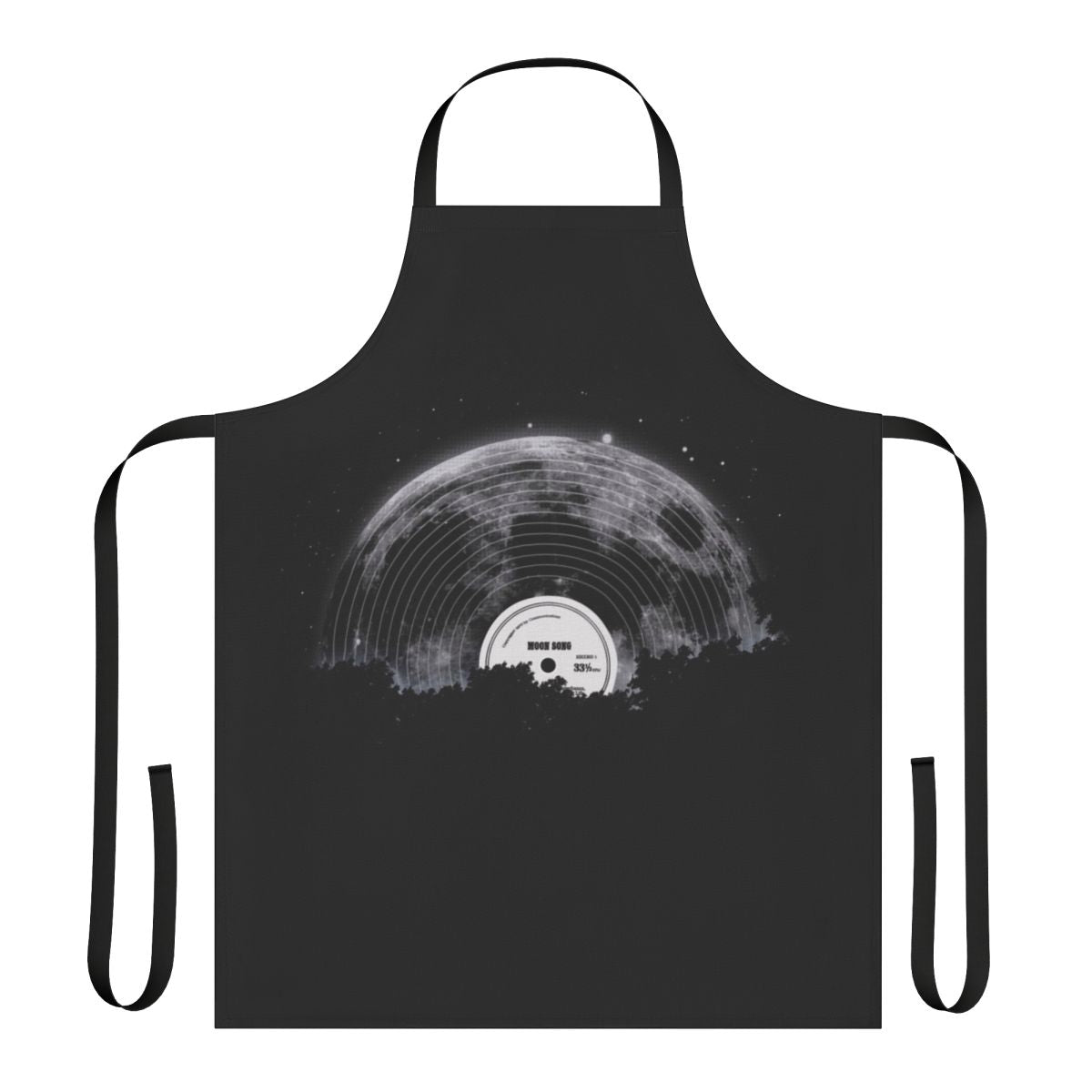 A stylish black and white apron featuring a moon, stars, and vintage musical elements.