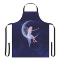 A blue and white apron featuring a crescent moon and stars, with fairy wings and a night sky design.