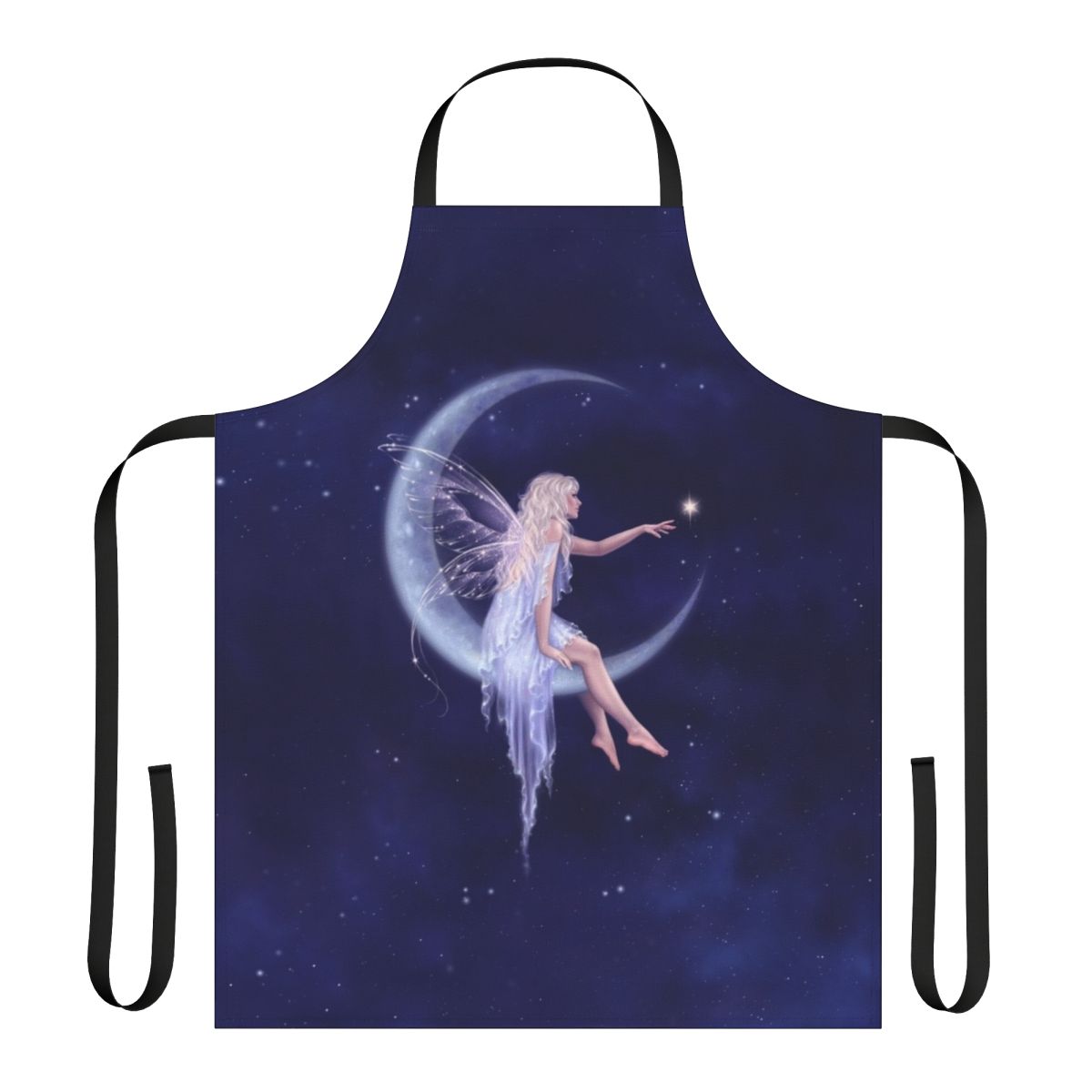 A blue and white apron featuring a crescent moon and stars, with fairy wings and a night sky design.
