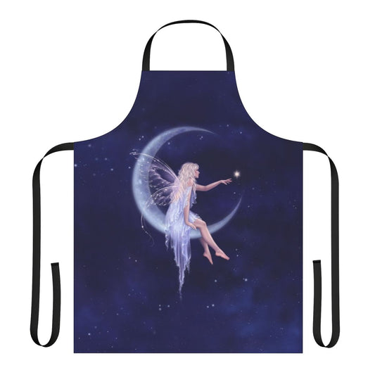 A blue and white apron featuring a crescent moon and stars, with fairy wings and a night sky design.