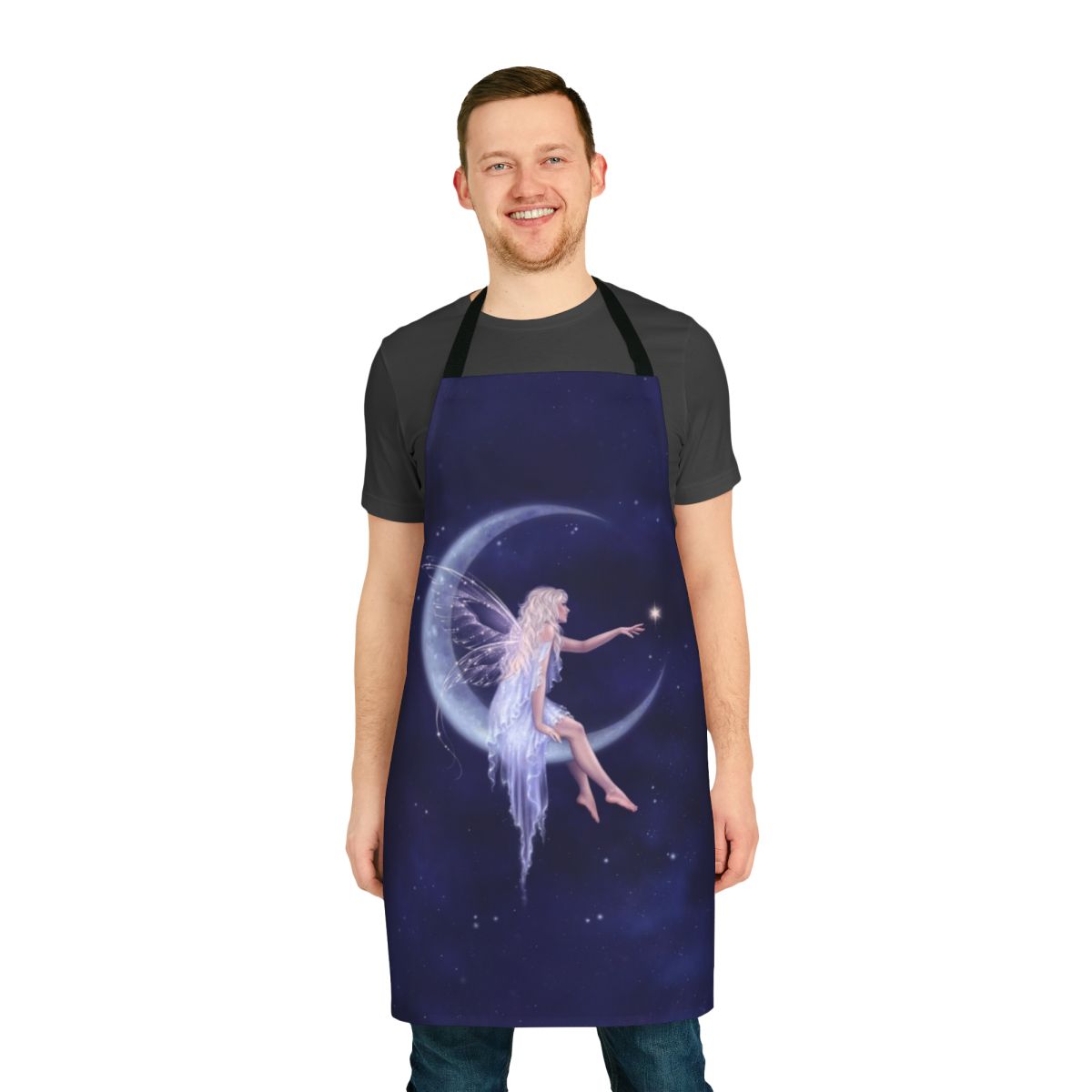 A blue and white apron featuring a crescent moon and stars, with fairy wings and a night sky design.
