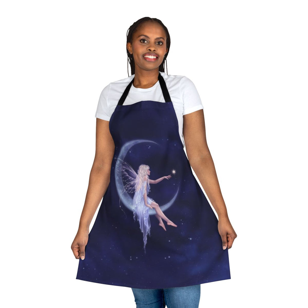 A blue and white apron featuring a crescent moon and stars, with fairy wings and a night sky design.